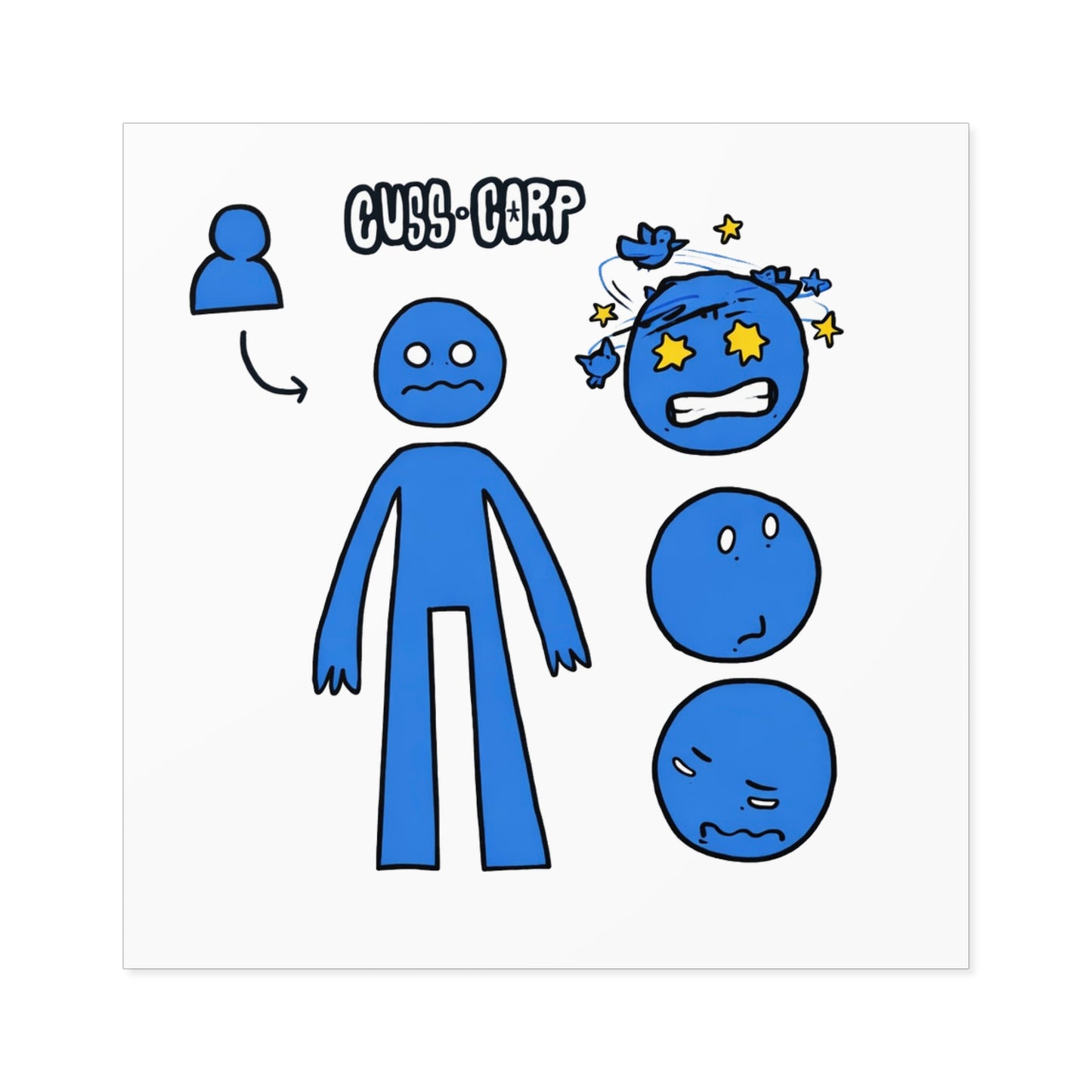 Blue Emote Character Square Sticker — "Cuss-Corp" Mood Faces