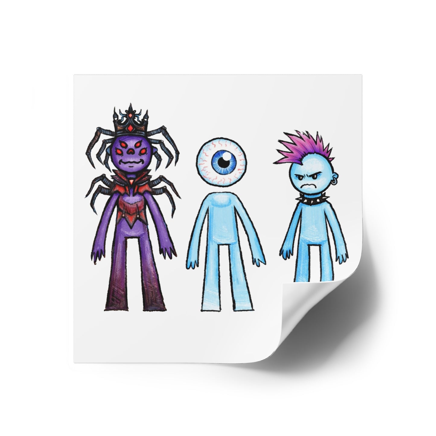 Monster Character Square Sticker Sheet — Cute Creepy Eyeball, Spider Queen & Punk Blue Guy (Indoor/Outdoor)