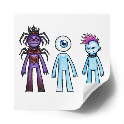 Monster Character Square Sticker Sheet — Cute Creepy Eyeball, Spider Queen & Punk Blue Guy (Indoor/Outdoor)