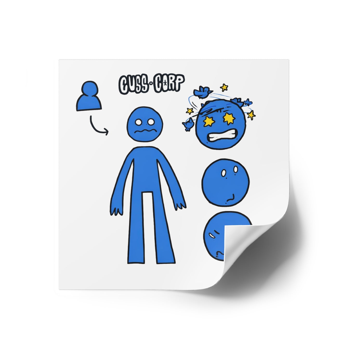 Blue Emote Character Square Sticker — "Cuss-Corp" Mood Faces