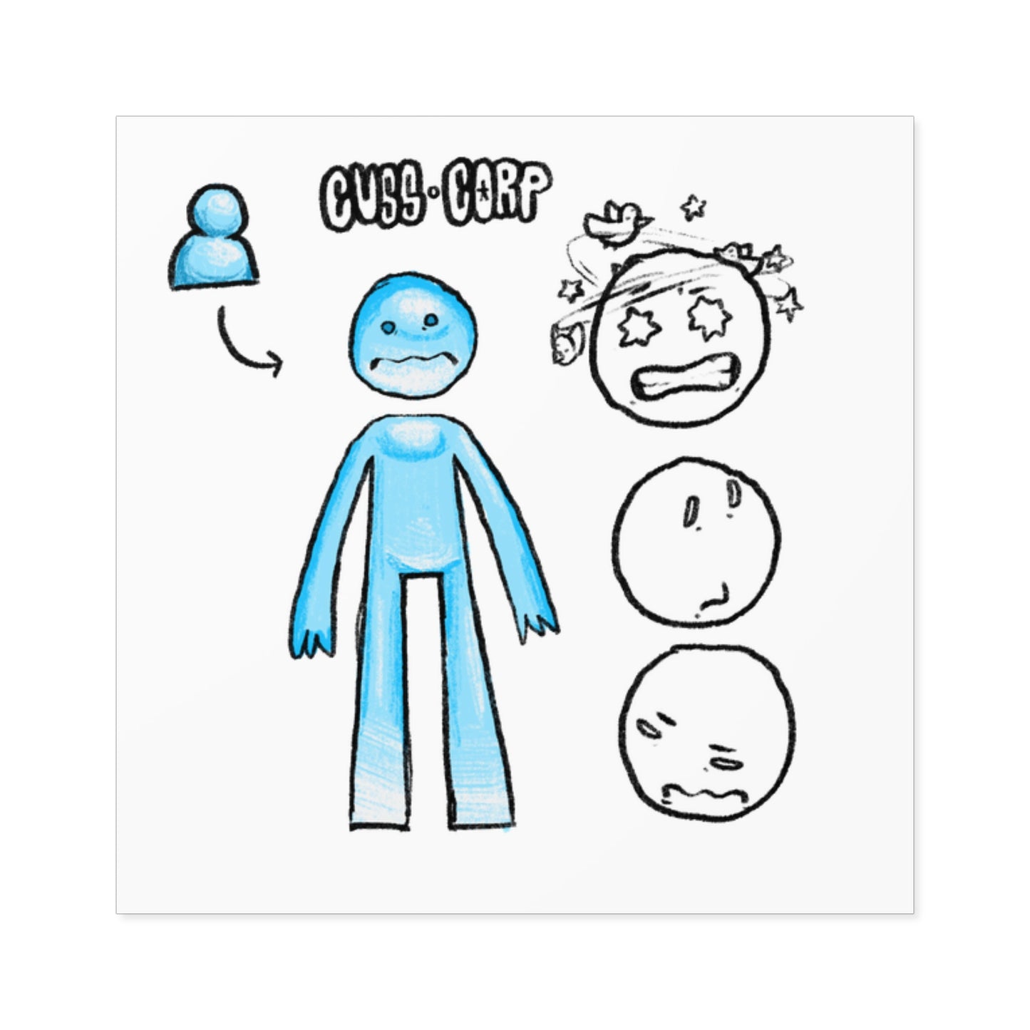 Blue Character Expression Square Sticker — Cute Emoticon Decal (Indoor/Outdoor)