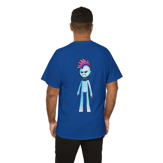 Punk Blue Character Tee — Cool Cartoon Angry Punk Back Print T-Shirt