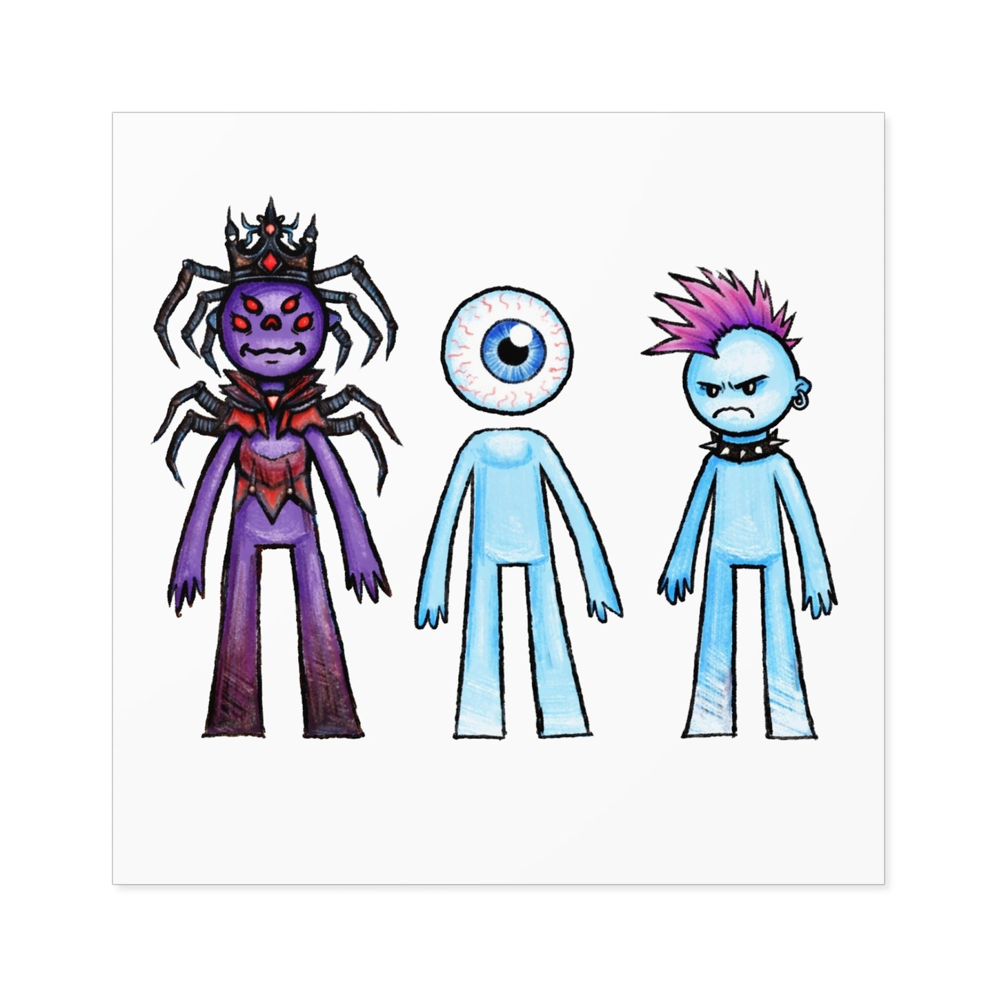 Monster Character Square Sticker Sheet — Cute Creepy Eyeball, Spider Queen & Punk Blue Guy (Indoor/Outdoor)