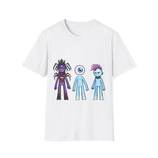 Cute Monster Trio T-Shirt — Cartoon Spider, Cyclops & Punk Alien Graphic Tee