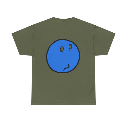 Blue Pondering Face Tee — Cute Minimal Cartoon Graphic T-Shirt