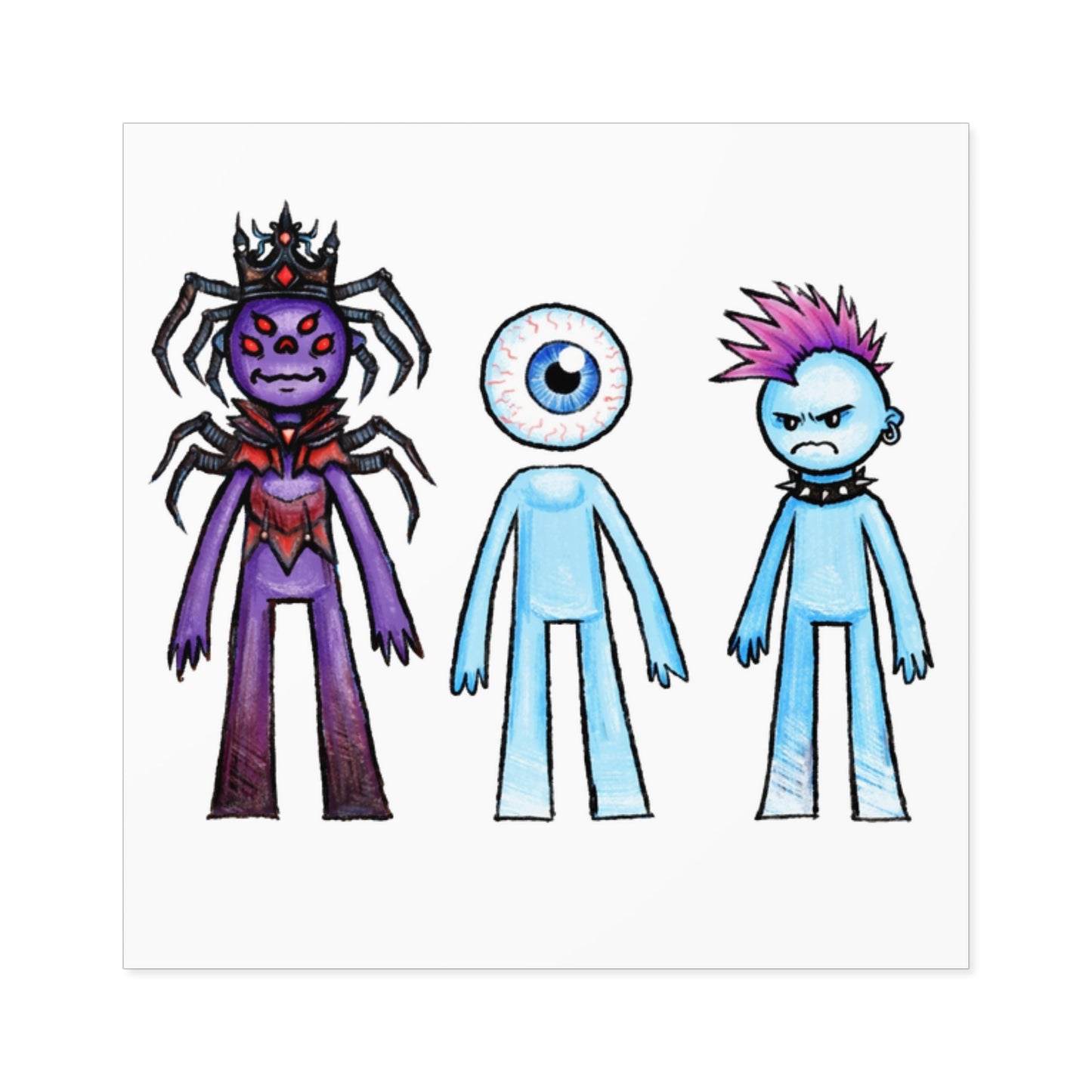 Monster Character Square Sticker Sheet — Cute Creepy Eyeball, Spider Queen & Punk Blue Guy (Indoor/Outdoor)