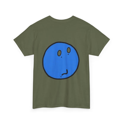 Blue Pondering Face Tee — Cute Minimal Cartoon Graphic T-Shirt