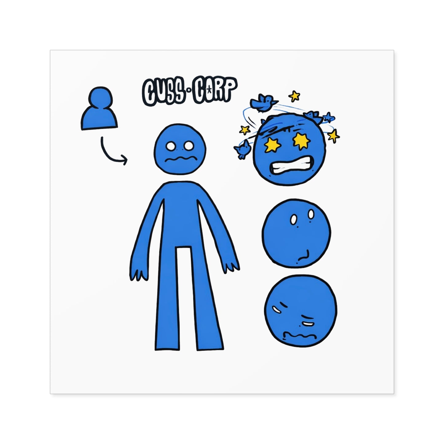 Blue Emote Character Square Sticker — "Cuss-Corp" Mood Faces