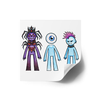Monster Character Square Sticker Sheet — Cute Creepy Eyeball, Spider Queen & Punk Blue Guy (Indoor/Outdoor)