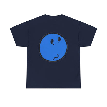 Blue Pondering Face Tee — Cute Minimal Cartoon Graphic T-Shirt