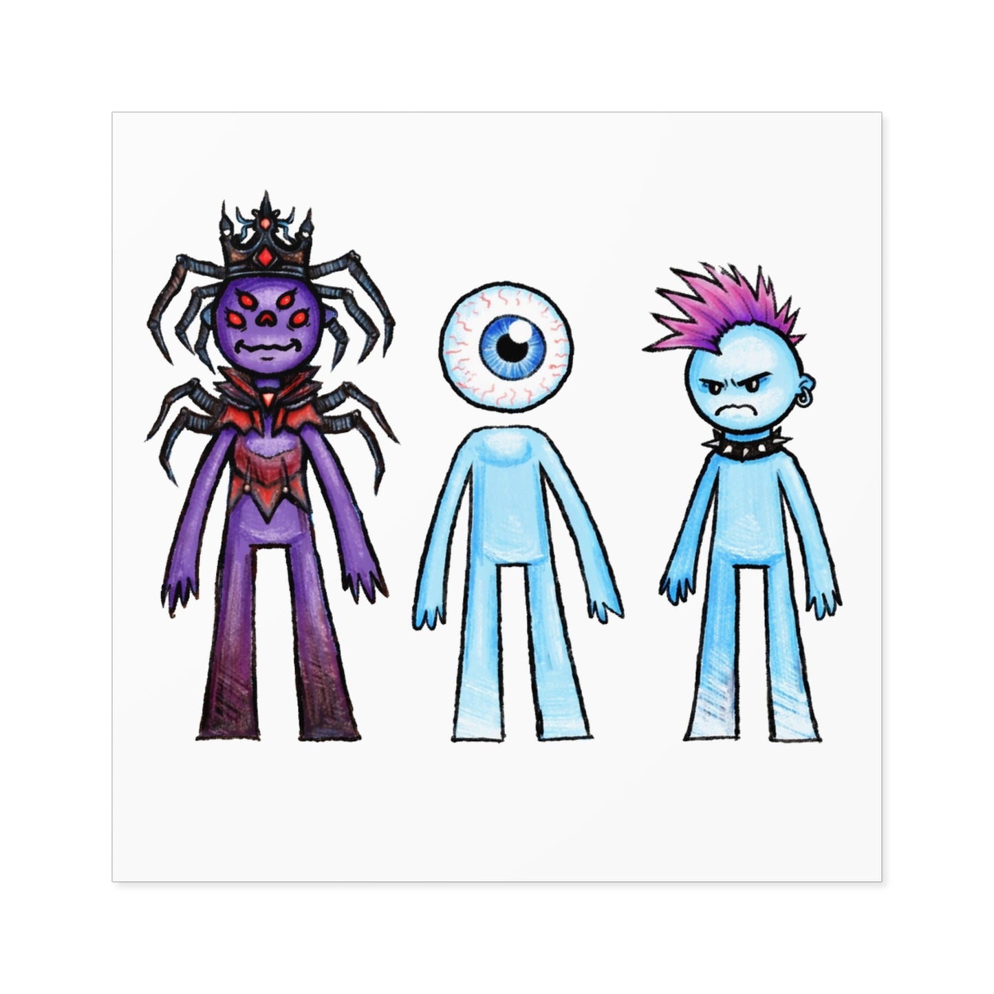 Monster Character Square Sticker Sheet — Cute Creepy Eyeball, Spider Queen & Punk Blue Guy (Indoor/Outdoor)