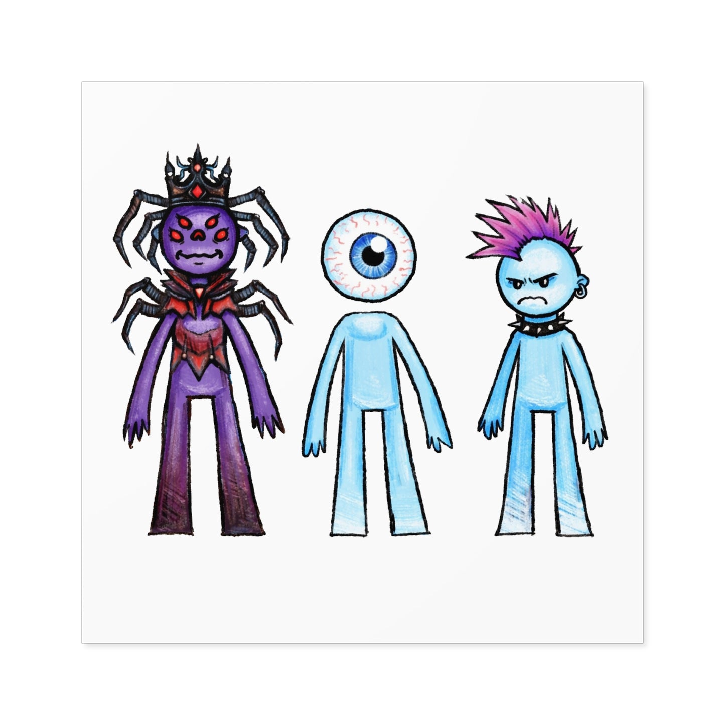 Monster Character Square Sticker Sheet — Cute Creepy Eyeball, Spider Queen & Punk Blue Guy (Indoor/Outdoor)